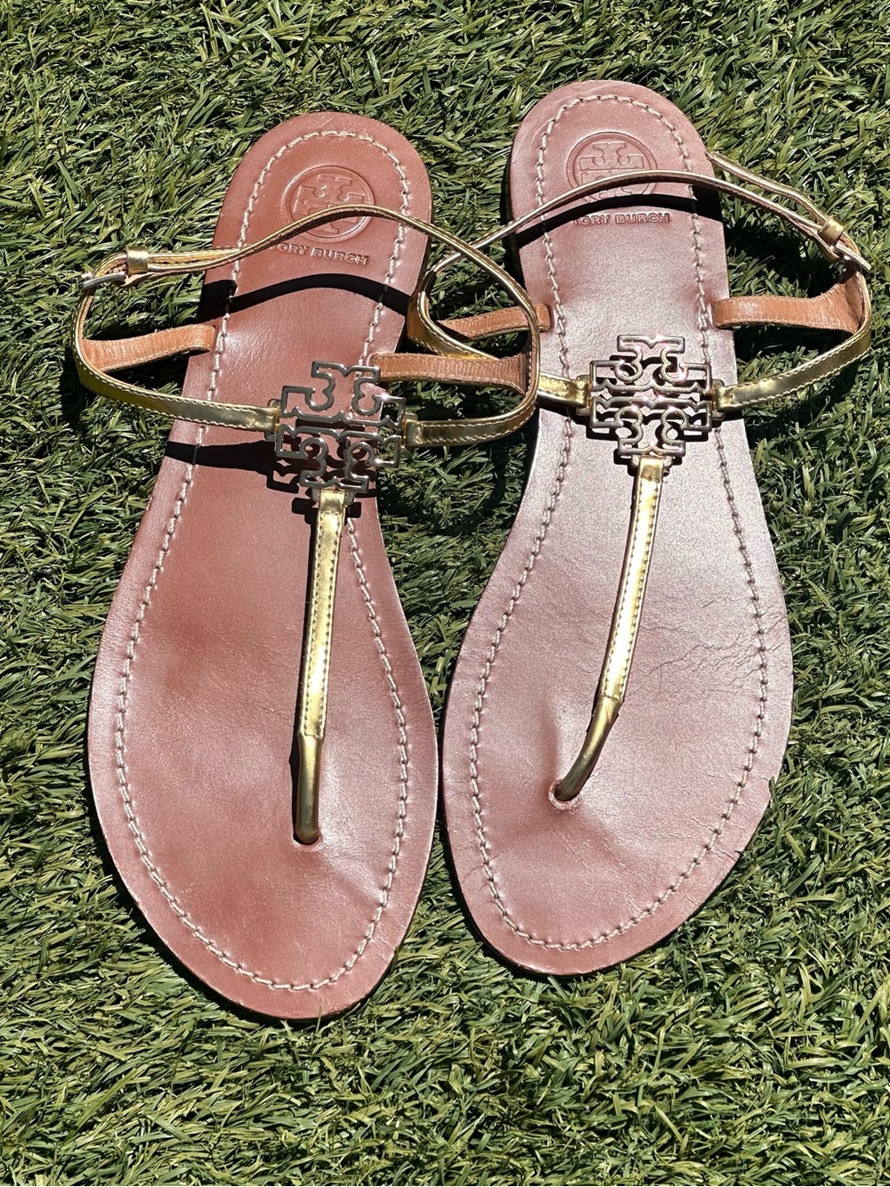 Tory Burch Brown Leather Sandals with Gold Logo T-Strap